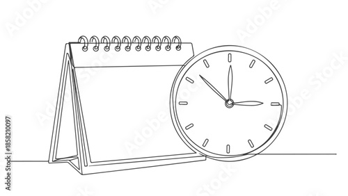 Continuous one line art vector illustration of a calendar and clock on a simple background