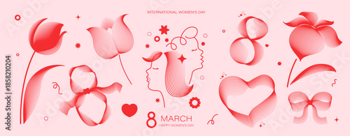 8 March design elements. Number 8, flowers, bow, women's faces. Line art style women's day concept.