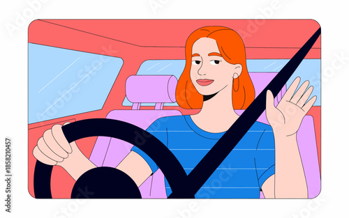 This image showcases a confident woman behind the wheel of a colorful car, emphasizing empowerment and the joy of driving freely.