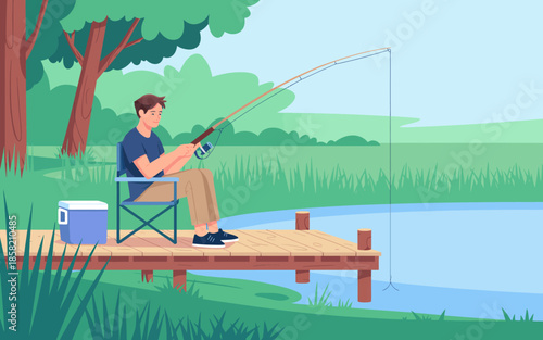 This serene illustration showcases a young man comfortably fishing on a dock by a tranquil lake, embodying relaxation, nature, and a peaceful pastime.