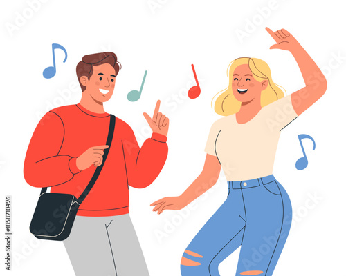 This vibrant illustration captures a young couple dancing joyfully amidst music notes, embodying happiness, connection, and the thrill of shared moments in life.
