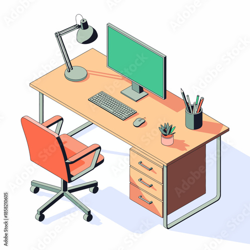 An illustration of a modern desk featuring a computer, lamp, and other accessories, showcasing a productive workspace that blends functionality and aesthetic appeal in design.