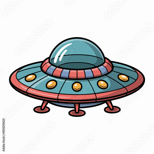A bright, fun illustration of a UFO, styled in a cartoonish design, capturing the imagination of viewers with its playful and whimsical elements in an outer space setting.