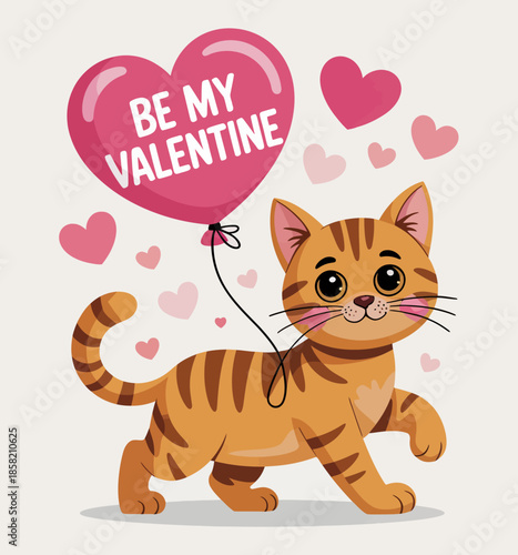 A cute orange tabby cat holds a heart-shaped balloon with a 'Be My Valentine' message, perfectly capturing the playful and affectionate spirit of love during Valentine’s Day celebrations.