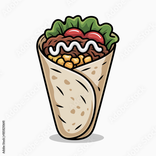 A tasty burrito filled with fresh ingredients, showcasing vibrant colors and mouthwatering appeal. Perfect for conveying richness and deliciousness in culinary art.