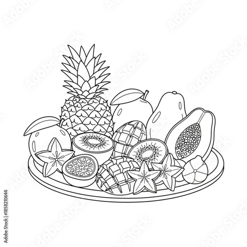 Hand drawn vector illustration set of fresh healthy fruit and food icons featuring a vintage sketch drawing of a pineapple and apple doodle for a restaurant design collection
