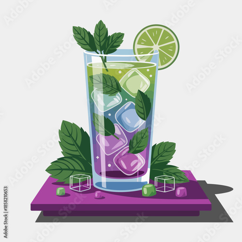 This artistic image presents a cold refreshing beverage adorned with mint leaves and lime, embodying freshness and relaxation, perfect for a summer day.