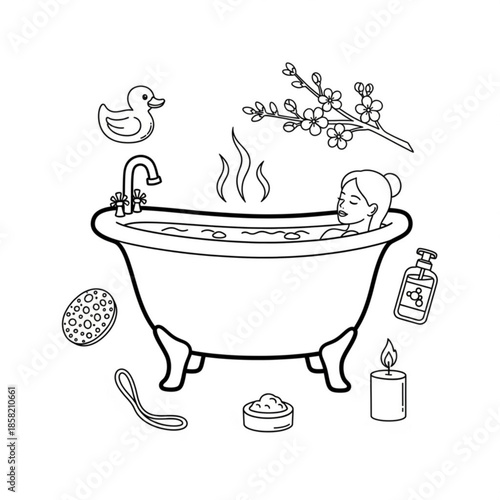 A clean bathroom interior illustration featuring a luxury bathtub filled with soap bubbles and water for a child or baby to wash and enjoy a hygienic spa shower at home