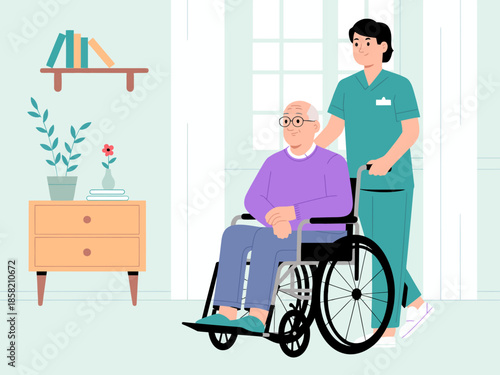 In a comforting environment, a caregiver helps an elderly man in a wheelchair, symbolizing compassion, care, and the importance of companionship in nursing.
