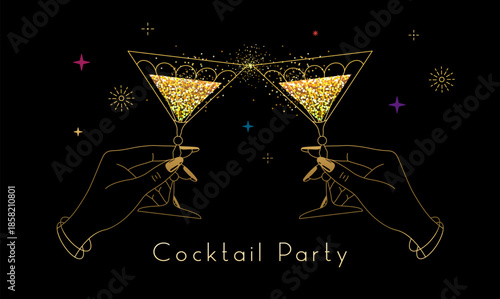 Line art hands with golden cocktails and firework. Cocktail party. Celebration toast with two cocktail glasses. Vector illustration