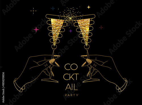 Line art hands with golden cocktails and firework. Cocktail party. Celebration toast with two cocktail glasses. Vector illustration