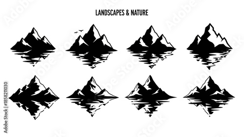 Set of black silhouette mountain icons with reflection in water landscape nature outdoor adventure tourism hiking travel peaks isolated vector collection artwork