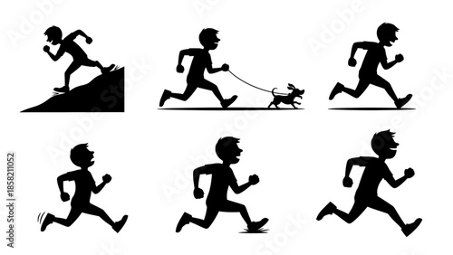 Set of running man silhouette icons collection happy active male characters running uphill jogging with dog exercise and fitness vector illustrations