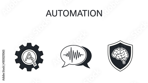 Automation concept glyph icons set gear with ai symbol voice recognition speech bubble security shield protecting digital brain advanced technology vector collection