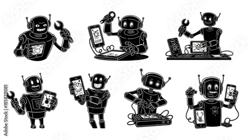 Set of black and white cartoon robots characters performing technical maintenance diagnostics and working with various electronic gadgets and devices