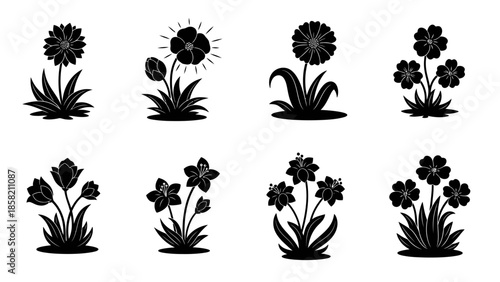 Collection of eight distinct black silhouette icons representing various types of flowers and blooming plants in simple artistic style