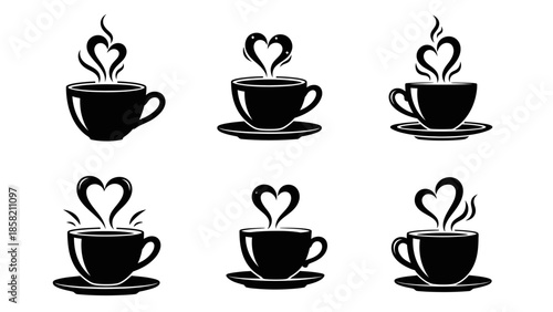 Six elegant black silhouette vector illustrations of coffee cups steaming with heart shaped vapor indicating warmth and affection for beverage