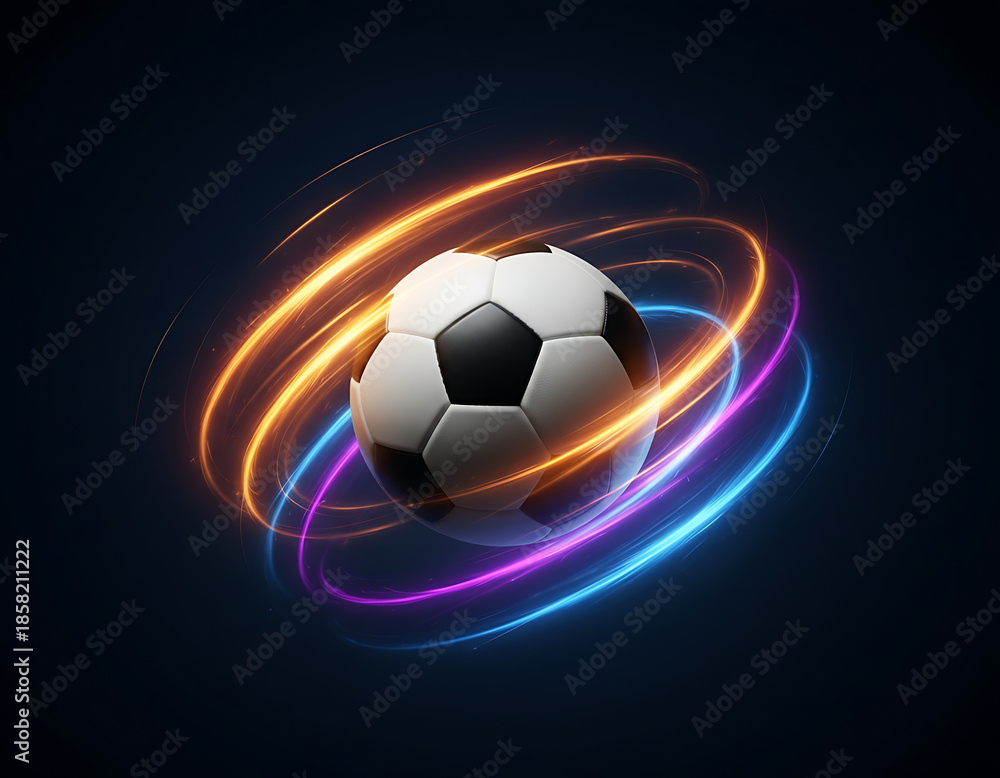 Fototapeta premium Soccer Ball realistic illustrations with Neon Light Trails on Dark Blue Background.