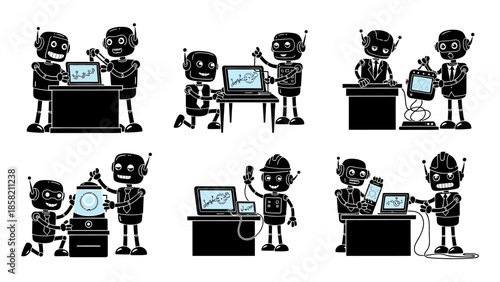 Business robot team collaboration silhouettes set with droids working together on projects using computers and office equipment in technical environment isolated vector illustration style