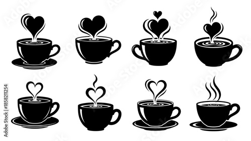 Coffee cup and heart steam silhouette collection set with various black mug designs featuring romantic love vapor symbols for cafe shop branding and valentine day vector art illustration