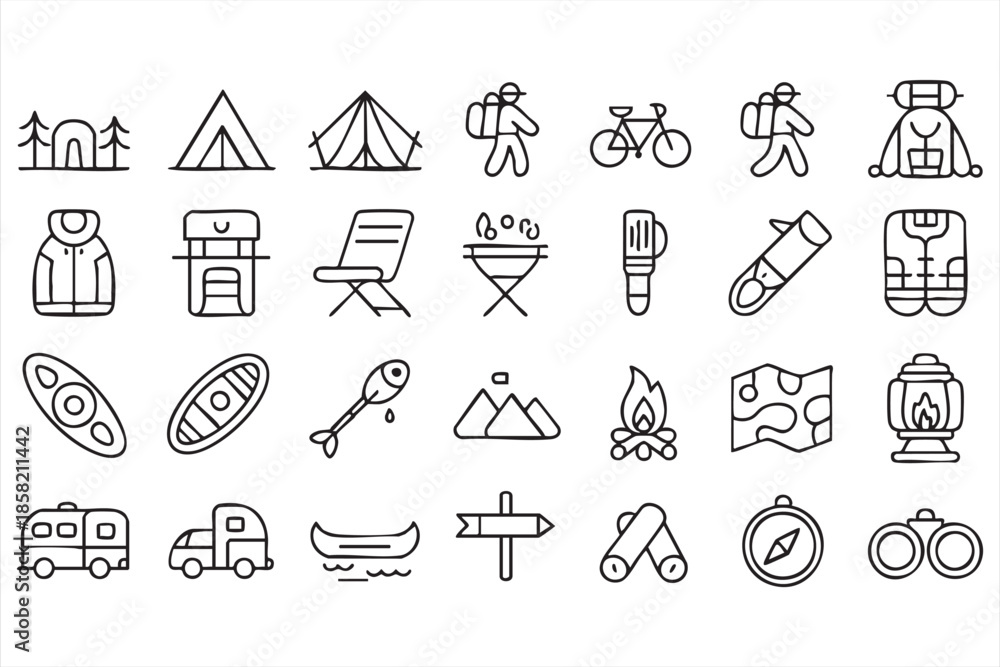Fototapeta premium Camping Equipment and Nature Travel Line Icons for Creative Use
