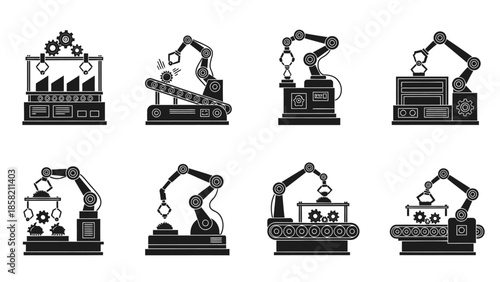Industrial robotic arms illustration set, manufacturing robots performing various tasks on an assembly line with gears and conveyor belts, collection of automated factory machinery