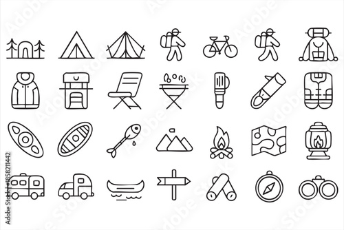 Camping Equipment and Nature Travel Line Icons for Creative Use