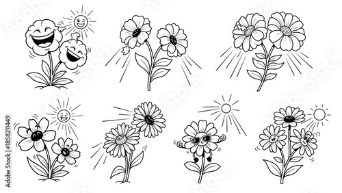 Joyful sun and flower characters illustrations smiling and shining with light rays, cheerful cartoon garden scene vector set