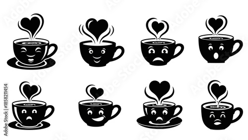 Funny coffee cup characters with expressive faces and steaming hearts, set of cute beverage icons representing emotions
