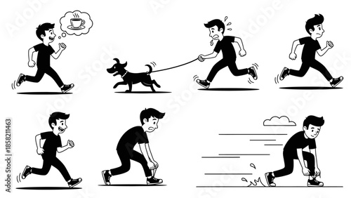 Dynamic running man illustrations in action poses, jogging, tying shoes, and thinking about coffee, active lifestyle vector pack