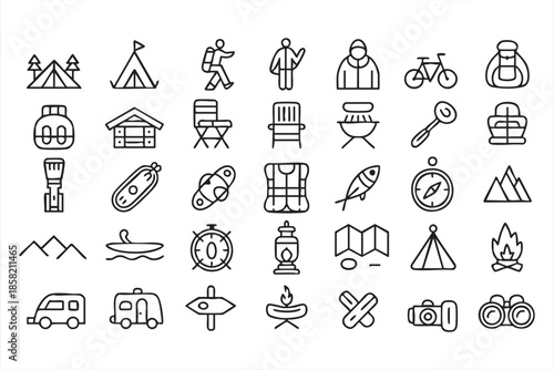 Adventure Travel and Wilderness Activity Icons in Line Style