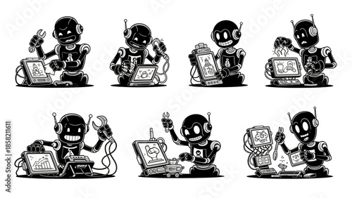 Cute robot assembling repairing or working on electronic device with chessboard piece and screen showing data
