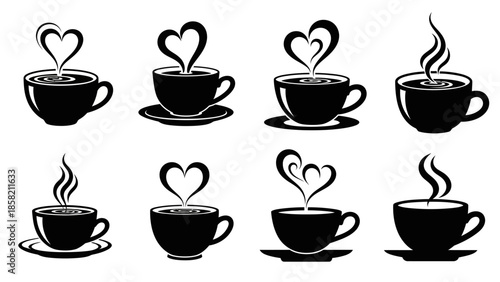 Set of coffee cup icons with heart shaped steam silhouettes in black minimalist style isolated on white background for cafe branding and morning beverage graphic design elements collection