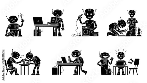 Funny robots facing different technical issues like broken parts electrical problems and software errors illustrated in simple style