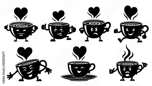 Funny coffee cup characters with expressive cartoon faces and heart steam icons set for coffee shop mascot design and playful beverage branding illustrations in black and white vector art
