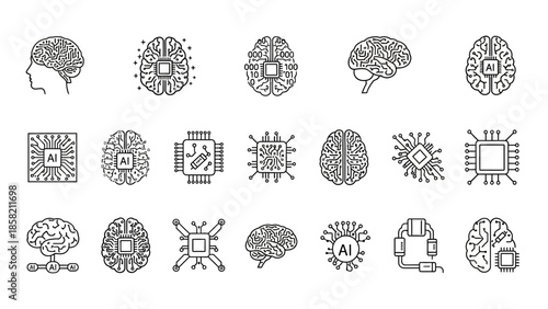 Set of line art icons depicting brain anatomy integrated with microchips and digital circuits symbolizing artificial intelligence core