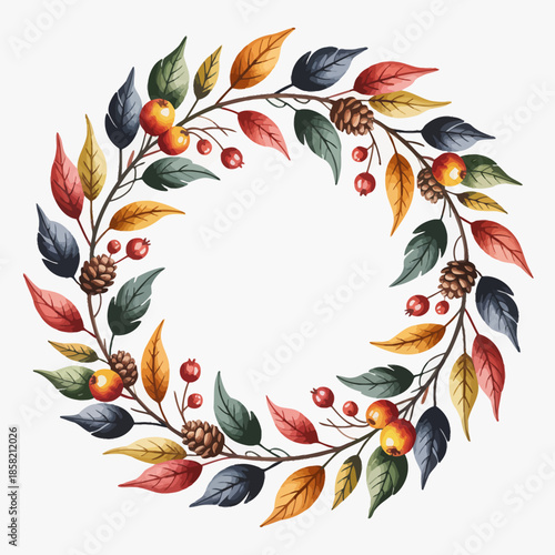 A beautifully crafted autumn wreath made of vibrant leaves and pinecones, signifying the change of seasons and the beauty of nature, perfect for seasonal decoration.