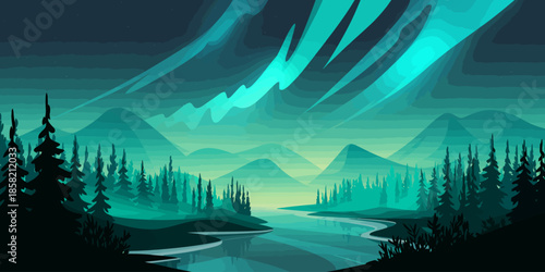 A serene nighttime landscape showcases majestic mountains under the enchanting glow of northern lights, reflecting on a tranquil river surrounded by pine trees.