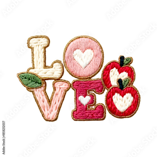 Embroidered LOVE Patch with Heart Accents and Decorative Apples – Colorful Romantic Design on Transparent Background