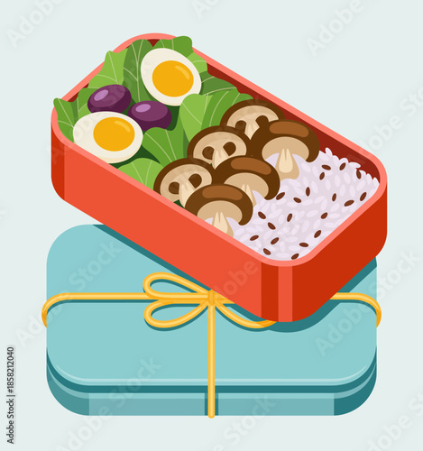 This visually appealing bento box features rice, mushrooms, leafy greens, and half eggs, showcasing a delightful array of colors and flavors in a compact presentation.