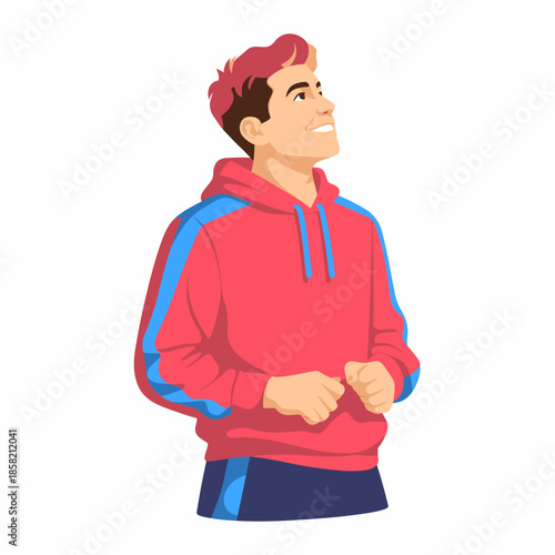 A young man in a red hoodie smiling with joy, looking up. The image conveys a sense of positivity and optimism, portraying a moment of hope and happiness.