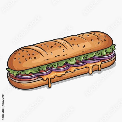 This mouthwatering illustration of a loaded sub sandwich features fresh vegetables and meats, showcasing a vibrant and delicious meal perfect for any food lover.
