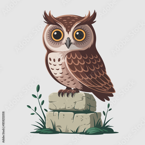 A beautifully illustrated owl sitting on a stone surrounded by greenery, capturing the essence of nature, wisdom, and the beauty of wildlife in a vibrant artistic style.