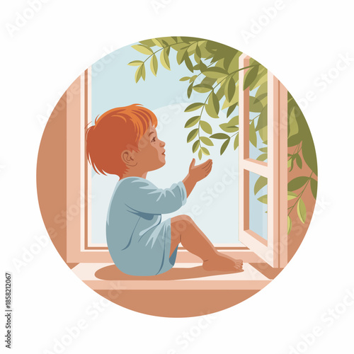 A curious child sits at a window, admiring the greenery outside and nurturing a sense of wonder and connection with nature, embodying innocence and joy.