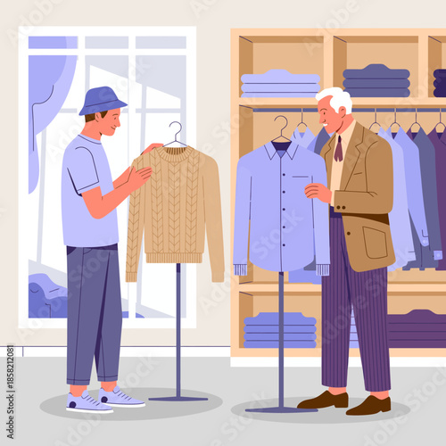 This image illustrates a shopping experience between a young person and an elder, showcasing a generational interaction that blends tradition and modern fashion sensibilities.