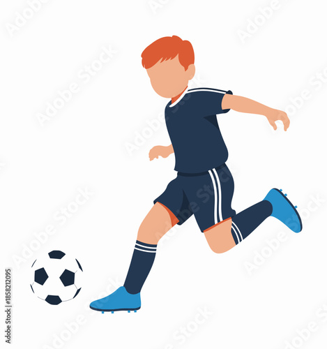 A young boy in sports attire skillfully kicks a soccer ball during a game, showcasing his athleticism and passion for soccer in a vibrant, action-filled portrayal.