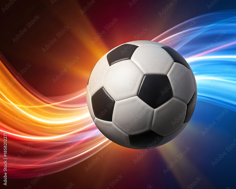 Naklejka premium Soccer Ball realistic illustrations with Neon Light Trails on Dark Blue Background.