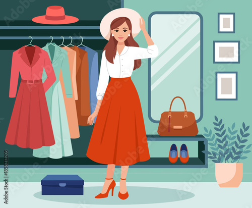 This illustration showcases a fashionable woman in front of a modern closet, representing personal style and the joy of selecting outfits in a chic, stylish environment.