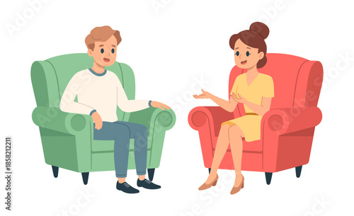 Two friends comfortably seated in colorful armchairs, engaging in a friendly and animated conversation, showcasing warmth, connection, and positive social interactions.