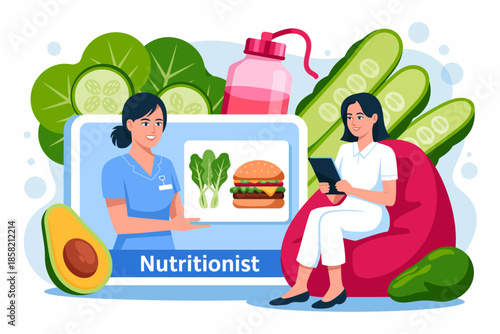 A professional nutritionist engages with a client, highlighting the differences between healthy and unhealthy food choices, promoting a better lifestyle through informed dietary decisions.